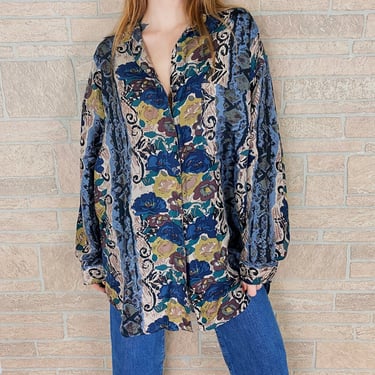 Pure Silk Oversized Floral Watercolor Chic Button Up Blouse 