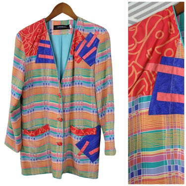 Vintage Canvasbacks Silk Blazer size Small Jacket Business Art To Wear Bright 