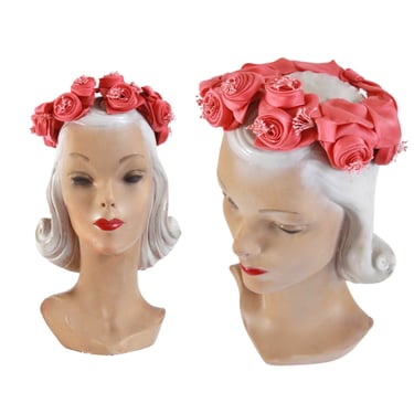 1950s Coral Pink Floral Open Crown Half Hat - 1950s Coral Pink Hat - 1950s Pink Flower Hat - 1950s Open Crown Hat - 1950s Spring Hat 