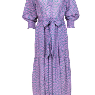 Xirena - Purple, Green &amp; White Print Tiered Belted Cotton Maxi Dress Sz M