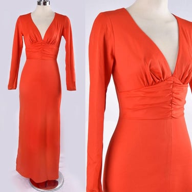 Frederick's Of Hollywood Red Long Maxi Dress Vintage 1960's, 1970's Hippie Disco Dress Gown Polyester Light Coral Red 