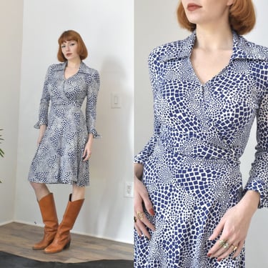 Vintage 1970s Dress / 70s DVF Geometric Wrap Dress / Blue White ( small S ) 