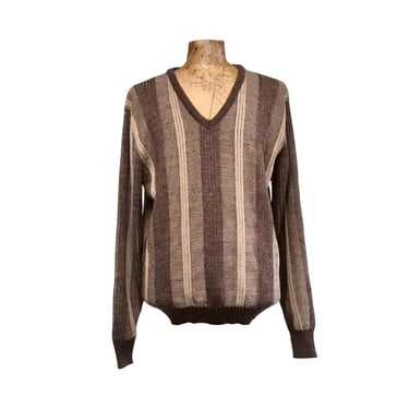 Vintage 1980s Slouchy V Neck Sweater, 80s Brown Striped Acrylic/Wool Grunge Grandpa Pullover, London Fog, Size XL Tall, VFG 