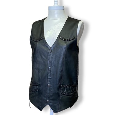Vintage Black Leather Vest Braided Trim Snap Front Lace up sSides 