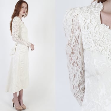 Vintage 80s All White Jessica McClintock Dress, Elegant Floral Lace Bridal Dress, Sheer Sleeve Deco Wedding Maxi Dress 