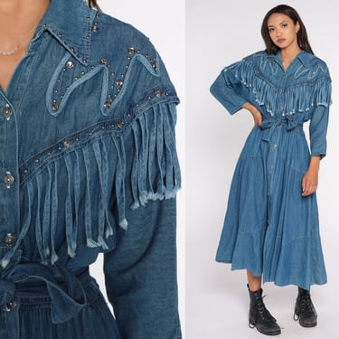 Fringe Western Dress 80s 90s Denim Studded Dress Rodeo Cowgirl Jean Dress Button Up Dress Square Dance Long Sleeve Vintage Retro Medium 