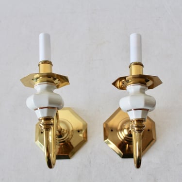 Brass Wall Sconces Genuine White Porcelain 24K Gold Trim Detail Vintage Mid Century-a pair 