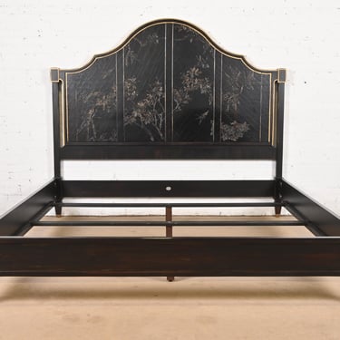 Baker Furniture Hollywood Regency Chinoiserie Ebonized and Parcel Gilt King Size Bed