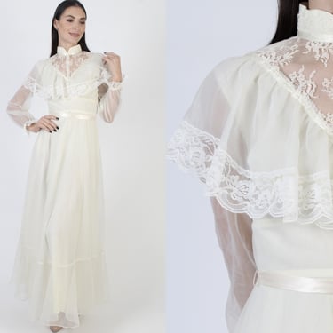 Belted Prairie Wedding Dress, 70s Sheer Floral Lace, Simple Bridesmaids Capelet, Boho Lawn Maxi Gown 