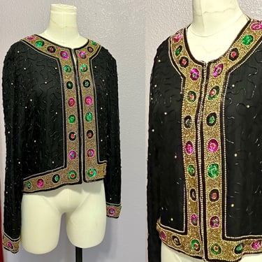 Sequin Beaded Jacket Blazer, Jewel Tones, Gold Metallic, Sheer Silk, Vintage 80s 90s 