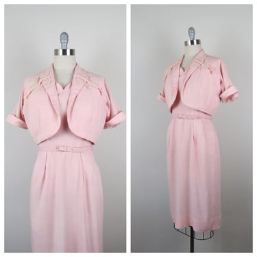 Vintage 1940s dress, 1950s dress, matching bolero jacket, rhinestone embellished, dressy, elegant, size medium 