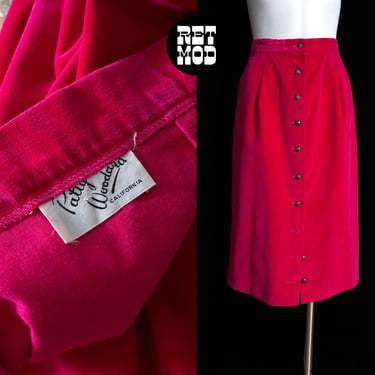 GORGEOUS Vintage 60s 70s Dark Bright Pink Velvet Mid-Length Skirt with Button Front 