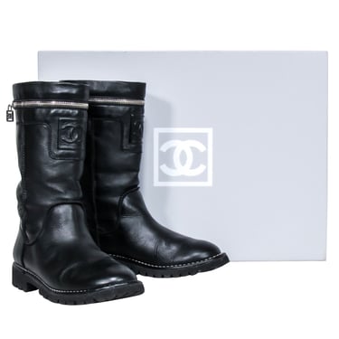 Chanel - Black Leather Mid Calf Boots Sz 7
