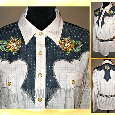 Victor Costa Vintage Retro Western Women's Cowgirl Shirt, Embroidered Yellow Roses & Rhinestones, Tag Size XLarge (see meas. photo) 