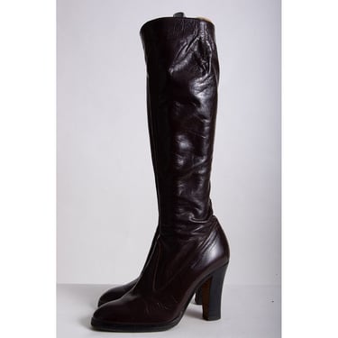 Vintage 1970s knee high leather boots / Stacked heel butter soft leather 6 