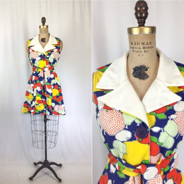 Vintage 60s dress | Vintage fruit print mini dress | 1960s knit shirt dress 