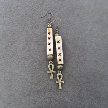 Carved bone and bronze ankh earrings 