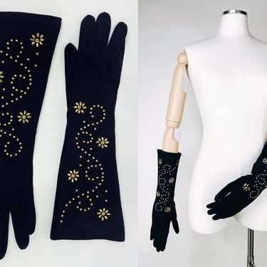 1950s Lady Gay Black Cotton Mid Length Evening Gloves w Gold Studded Swirl & Flowers 6-1/2 XS/S USA | Vintage, Mid Century, Rocker, 1980s 