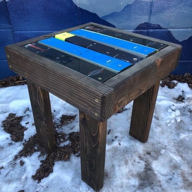 Dark Stained Wood Ski Side Table, seat, wood frame, Choose your colors, ski top side table, side tables, outdoor side table, Plant Holder 