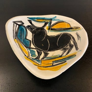 Mid-Century Modern Abstract Bull Art Pottery Ceramic Tray