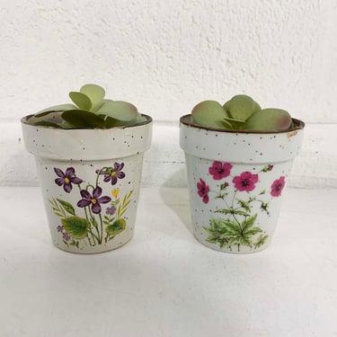 Vintage Gray Speckled Planters Set of 2 Purple Pink Mini Planter Flowers Floral Wildflowers Pottery Pot Indoor Plant 1970s 