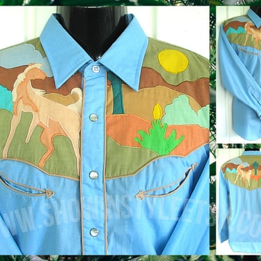 Youngbloods Vintage Western Men's Cowboy Shirt, Embroidered Horses  by Salaminder Designs, Tag 16-16.5, Approx. Large (see meas. photo) 