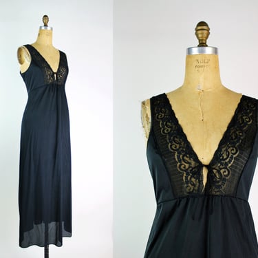 70s Vassarette Black Slip Dress / 1970s / Vintage Lingerie / Maxi Slip Dress / Wedding Lingerie / Size M/L 