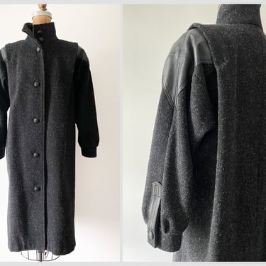 Vintage ‘80s black wool blend coat with genuine leather trim | 1980s goth aesthetic, New Wave winter coat, S 