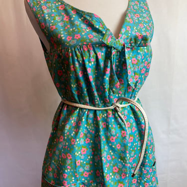 60’s deadstock mini shift dress~ A line smock sleeveless Summer dress tunic flower power micro floral print baby blue pink  size M/L 