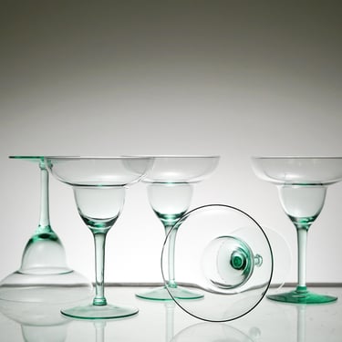 Vintage Martini Glasses, Thin Sea glass color, Glassware, Hand Blown Margarita Glasses, Mad Men Vtg Bar Cart, Handmade Glass Set of 5 