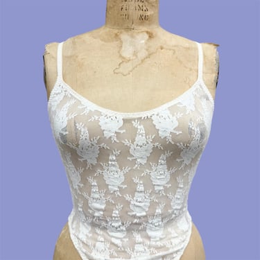 Vintage Christian Dior Bodysuit Retro 1990s Intimates + One Size + Sheer + Floral +Lace + Cream + Spaghetti Strap + Womens + Lingerie 