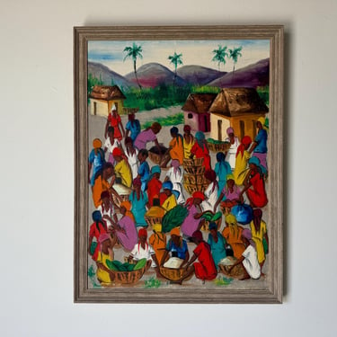 Vintage Haitian Colorful Folk Art - Market Scene Oil on Canvas, Framed 