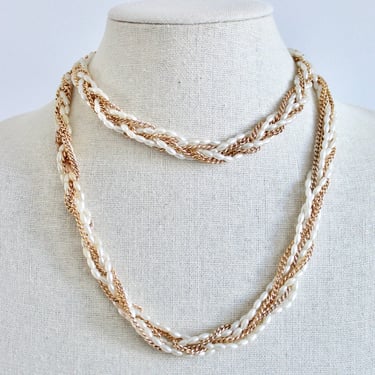 1960s Gold Chain & Pearl Bead Braid Necklace - Vintage Gold and Pearl Necklace - 1960s Pearl Necklace - 1960s Gold Chain Necklace 