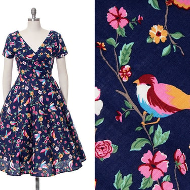 Vintage 1950s Style Dress | Modern COLLECTIF Bird Novelty Print Floral Cotton Blue Fit & Flare Full Skirt Day Dress (small/medium) 