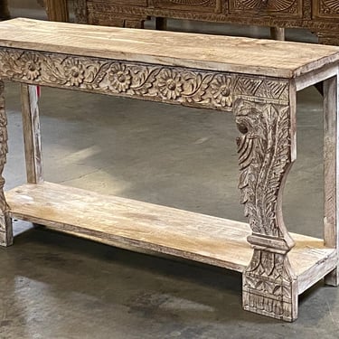 Beautiful Hand Carved Whitewash Teak Console Table with Shelf from Terra Nova Designs Los Angeles 