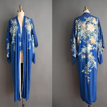 vintage 1930s Kimono Robe | Gorgeous Blue Silk Rayon Floral Dressing Gown Robe | Small Medium Large 