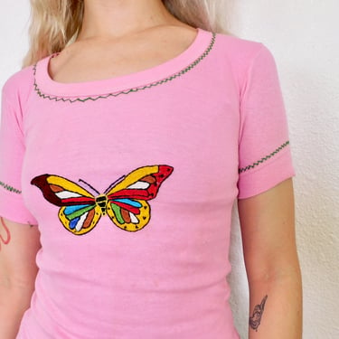 Indian Butterfly Hand Embroidered Bird Tee // vintage 70s 1970s t-shirt boho hippie t shirt dress pink cotton blouse top French // XS 