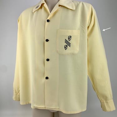 1950's Rayon Shirt - Printed Crest on Collar and Pocket - VIANCA LABEL - Pale Yellow Rayon - Black Buttons - Men's Size Large 