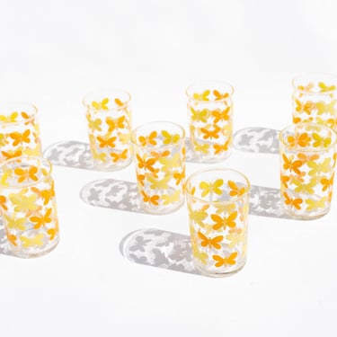 Set of 8 Vintage Libbey Yellow and Orange Butterfly Juice Glasses, Vintage Glassware Set, Retro Cups, Glassware Set, Colorful Glassware 