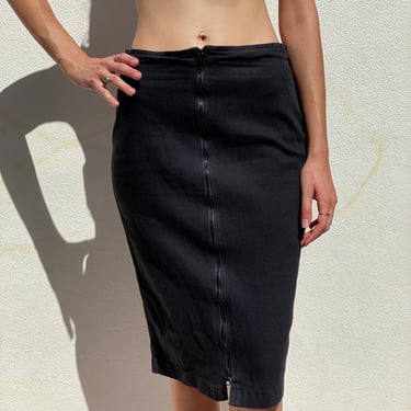 80's Denim Skirt with Zipper all the way down / Jou Jou Zipper High Waist Stretch Midi Skirt / Sexy Biker Babe / Black Stretch Denim Skirt 