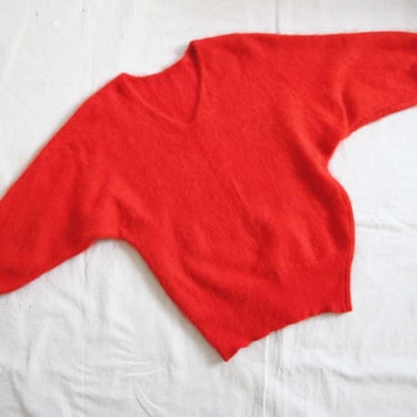 Vintage 80s Red Angora Knit Sweater S M - Fuzzy 1980s V Neck Grunge Grandpa Knitted Pullover Sweater - Minimalist Preppy Academia Style 