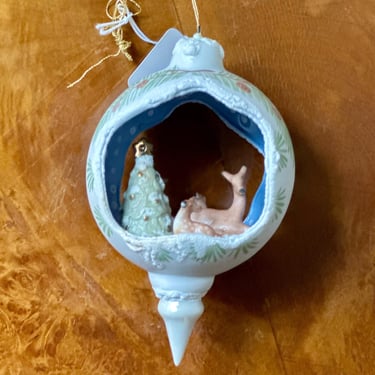 Handmade Porcelain Ornament w/ Double-sided Mini Diorama of Deer and Christmas Tree 