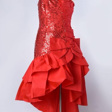 LARGE Red 1980's Prom Party Gown, New w/TAGS, Vintage New Old Stock Evening Dress, Sequins Ruffles, Size 20 