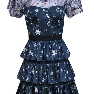 Self-Portrait - Navy Tiered Star Print Mini Dress w/ Embroidery & Sequin Embellishment Sz 8