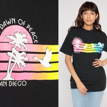 San Diego T Shirt 90s Dawn of Peace Shirt Neon Striped California Shirt Palm Tree Dove Graphic Tee Black Stripes Retro Vintage 1990s Medium 