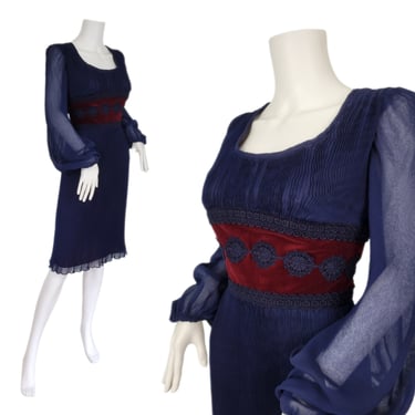 Calderon 1960's Midnight Blue Pleated Mini Dress I Sz Med I Burgundy Velvet 