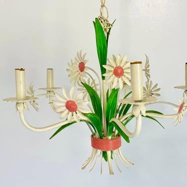 Vintage 1960s Flower Power Pink Daisy Tole Metal Hanging Ceiling Light Fixture Chandelier 
