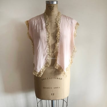 Pale Pink Silk Open Top/Bed Jacket with Lace Trim - 1920s 