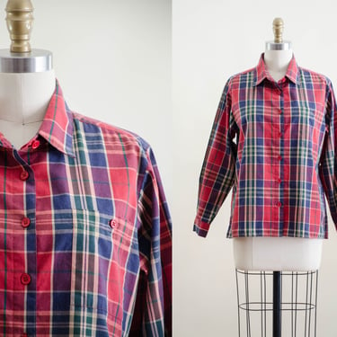 red plaid blouse | 80s 90s vintage red green navy academia cottagecore country folk long sleeve cotton blouse 