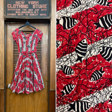Vintage 1950’s “Nani” Atomic Fish Cotton Rockabilly Tiki Hawaiian Dress, Vintage 1950’s Dress, Hawaiian Dress, Tiki Dress, Atomic Print, 